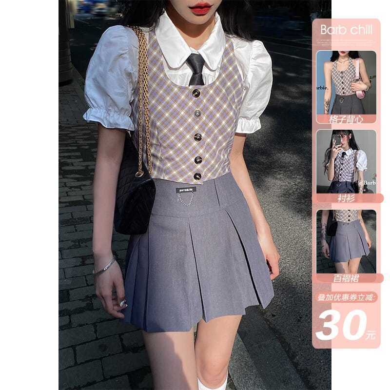 Set Áo Thun Ngắn Tay + Chân Váy Xếp Ly Sọc Caro Thời Trang Nữ Tính