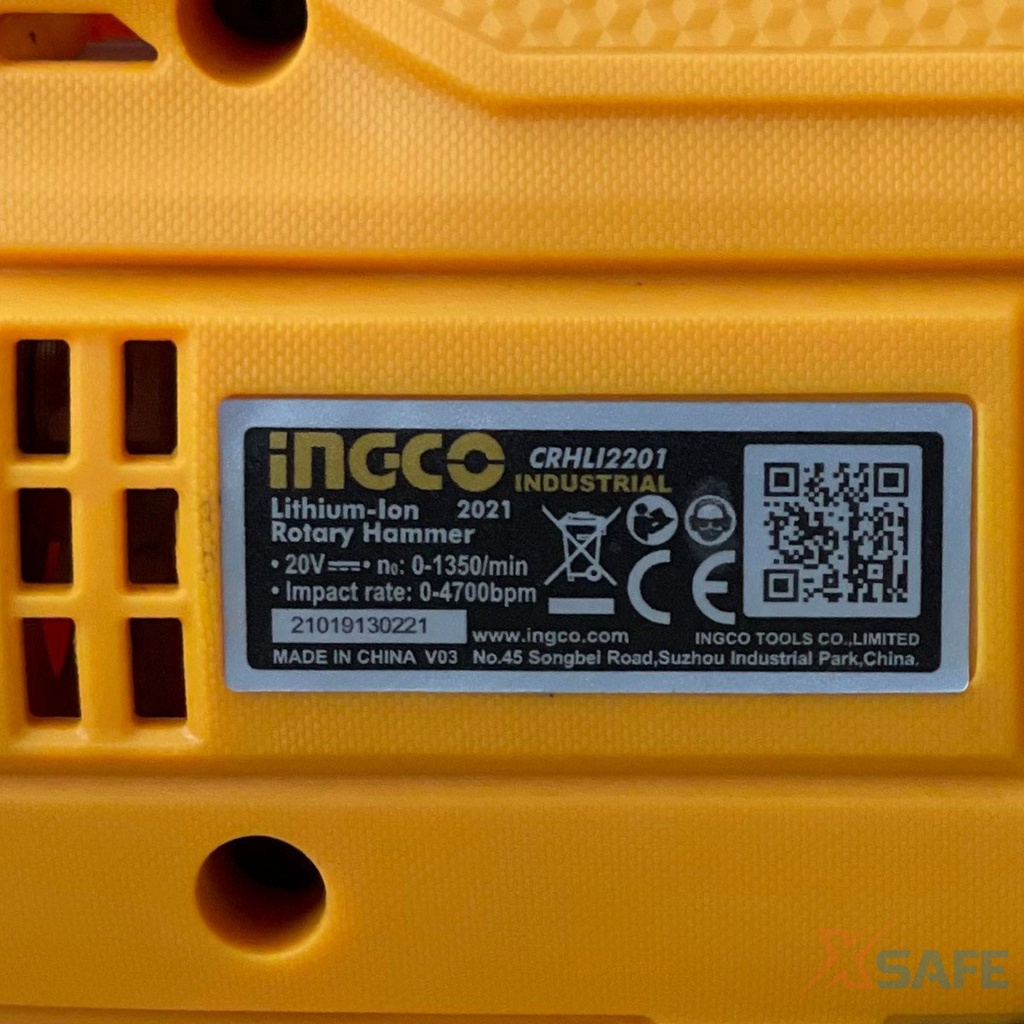 Máy khoan đục bê tông dùng pin INGCO CRHLI22012 20V mô tơ không chổi than, đầu khoan SDS plus, kèm 3 mũi khoan 1 mũi đục