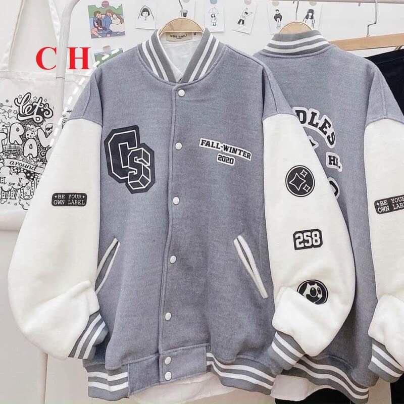 Áo Bomber tàn phối CS☘️ Chất nỉ da cá tàu dầy đẹp mịn ko xù, màu xám phối trắngKhoác nam nữ Unisex thu đông Trend 2021