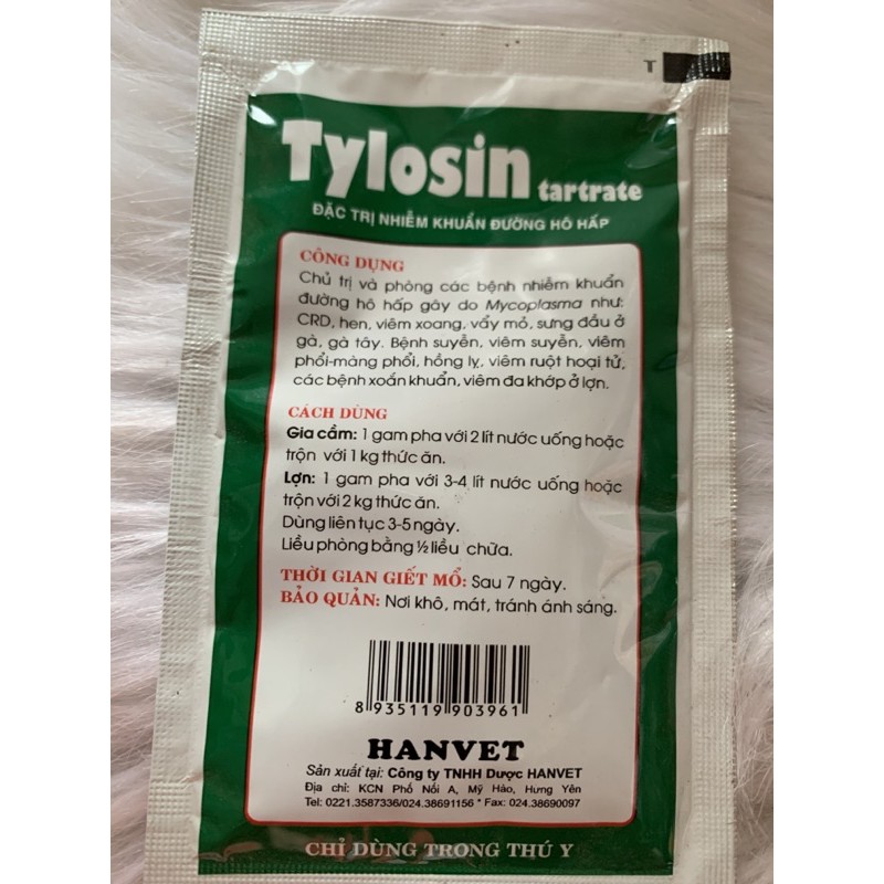 10g Tylosin - hen, viêm phổi, sưng phù đầu, vảy mỏ trên  gà, vịt, ngan, cút, heo