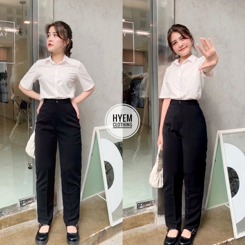 Quần baggy công sở nữ dài cạp cao có đai màu Đen - Dáng quần tây nữ đi học công sở vải dày mềm - Phối áo sơ mi đẹp