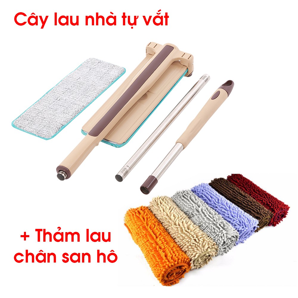 COMBO Cây lau nhà tự vắt + Thảm lau chân san hô