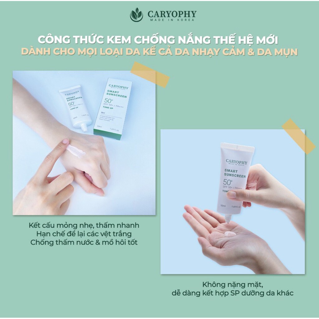 Kem Chống Nắng Caryophy Smart Sunscreen Tone Up 50Ml Ngừa Mụn, Giảm Thâm, Bảo Vệ Da Khỏi Tia UV