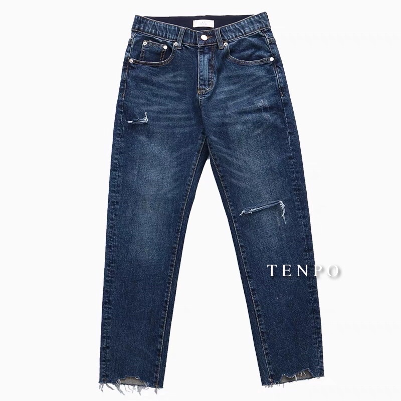 Quần jean nam TENPO vải denim rách gối | Jean xanh tối cắt gấu