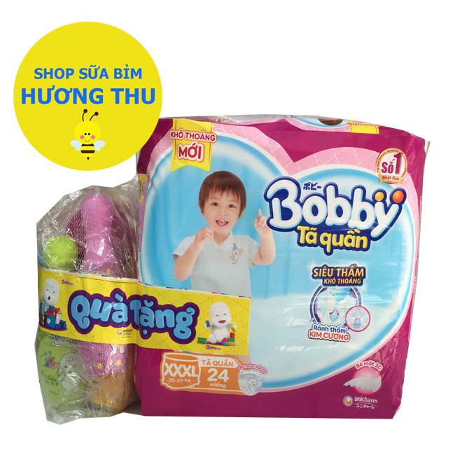[Tặng Bộ Bowling vui nhộn] Tã Quần Bobby Size XXXL 24 miếng dành cho bé 20 đến 35 kg, Rãnh thấm Kim 
