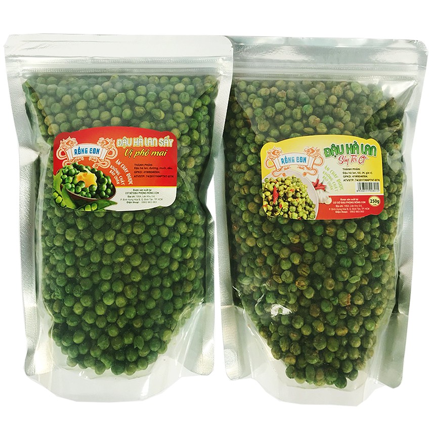 Combo 1kg: 500g Đậu Hà Lan Sấy Muối 500g Đậu Hà Lan Tỏi Ớt (2 Túi Zip) Rồng Con