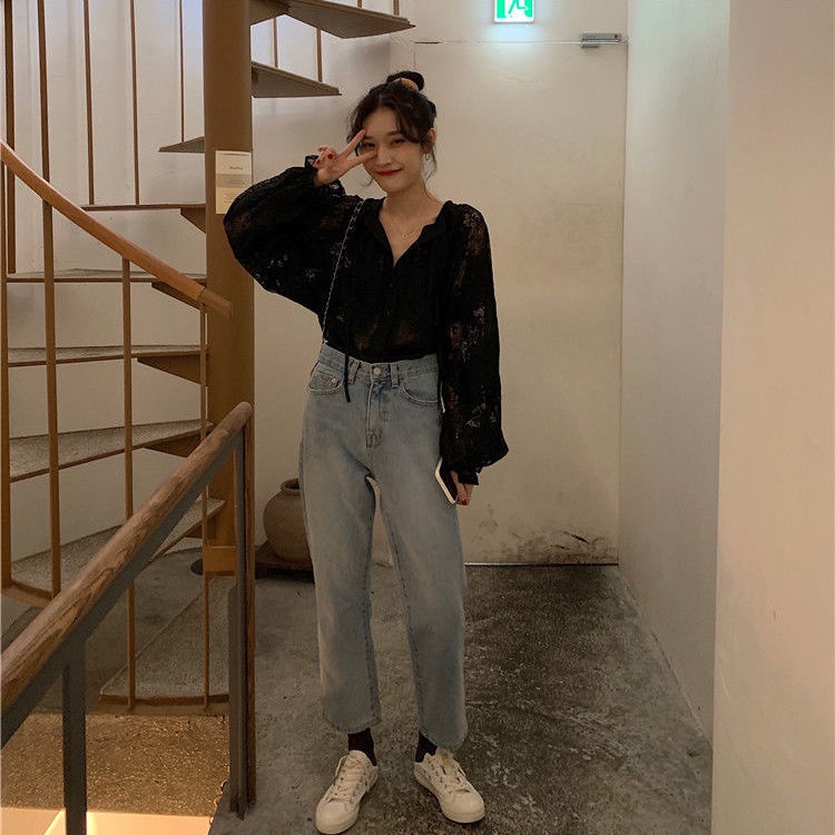 [Spot] Thời trang Hàn Quốc cá tính tất cả phù hợp với áo sơ mi tay áo ren rỗng chạm khắc đèn lồng