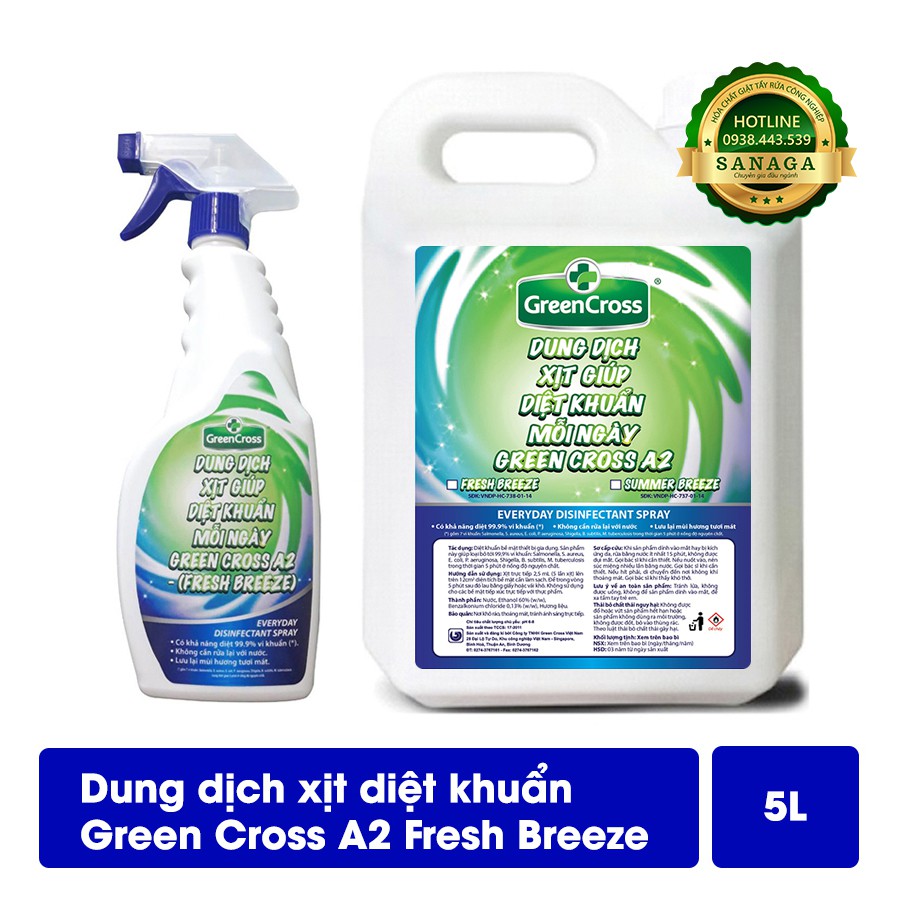 Xịt Diệt Khuẩn 💕 HÀNG CHÍNH HÃNG 💕 Dung dịch diệt khuẩn bề mặt GREEN CROSS A2 (Combo 1 can 5L + 1 chai 500ml) | Sanaga