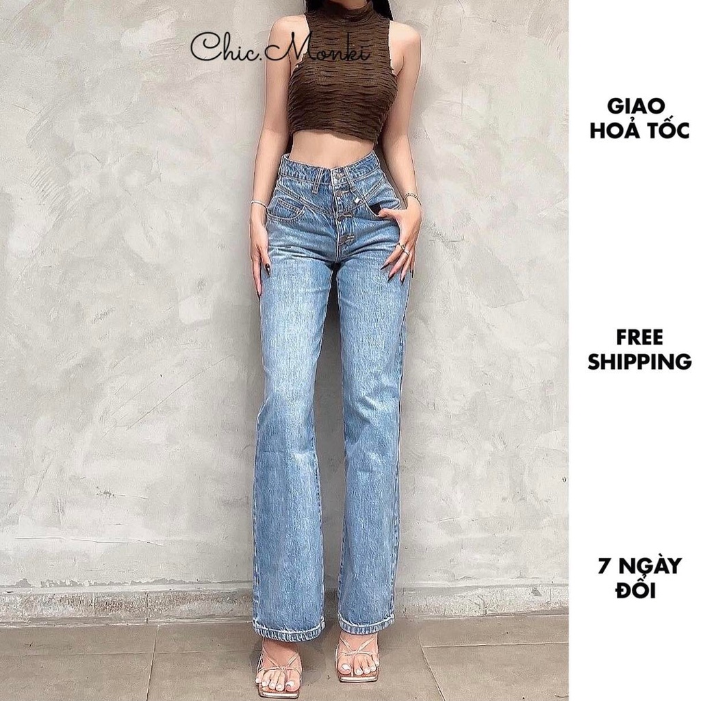 Quần jean ống rộng nữ nhiều nút CHICMONKI - Quần bò nữ lưng cao CMJ1096