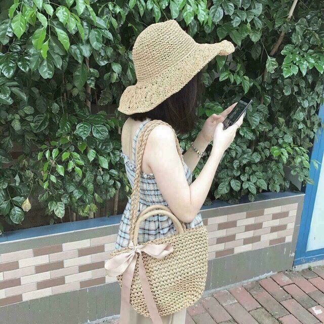 Túi cói buộc nơ vintage