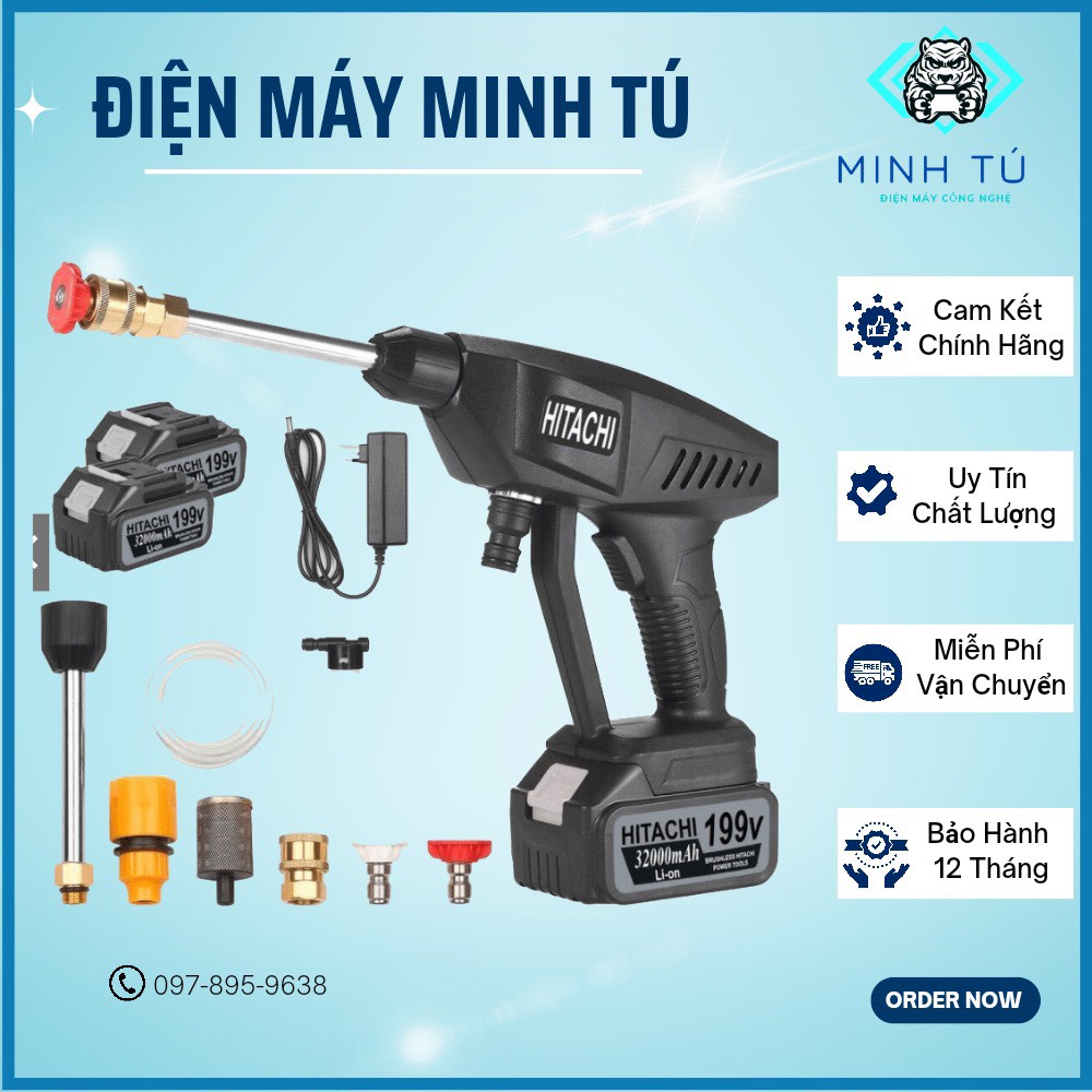 máy rửa xe mini, dùng pin 199v HITACHI