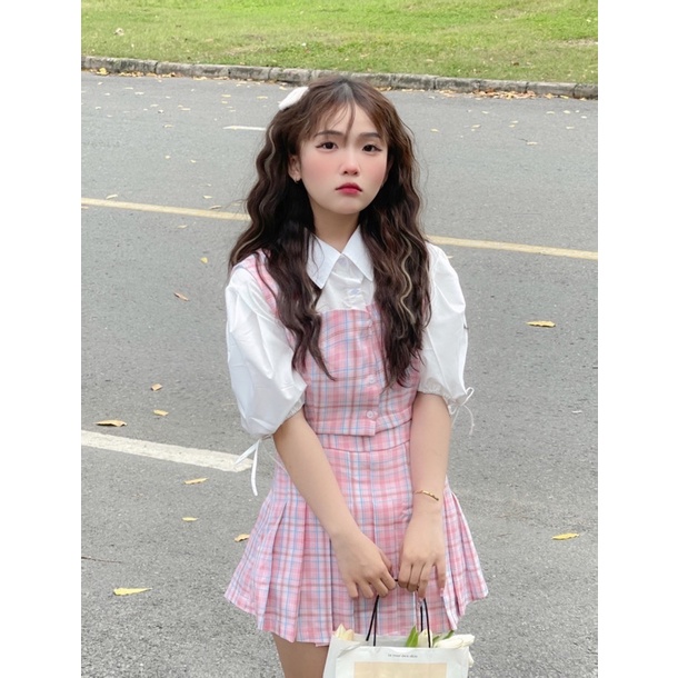💓 SET CHÂN VÁY + ÁO GILE CARO HỒNG