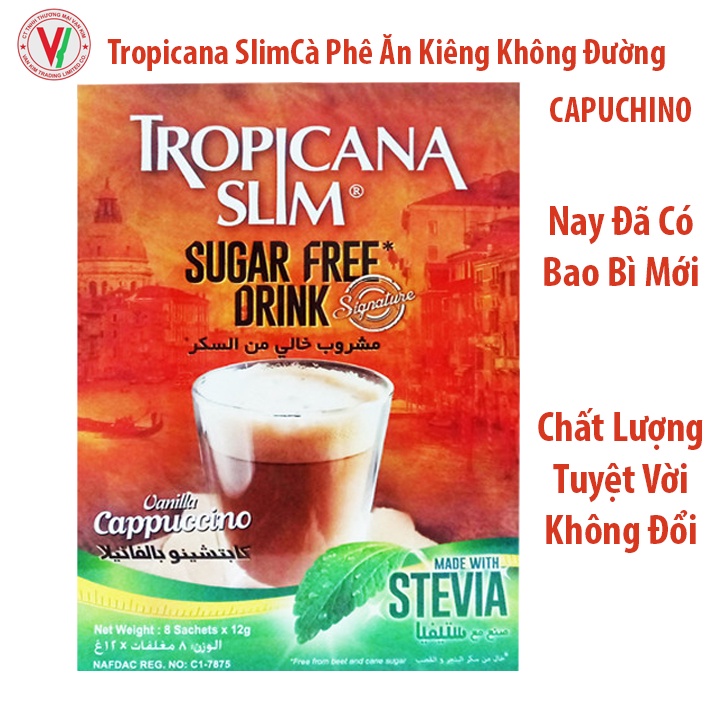 Combo 12 hộp cà phê ăn kiêng không đường chiết xuất từ lá cỏ ngọt Tropicana Slim Capuccino 96g (8 x 12g)