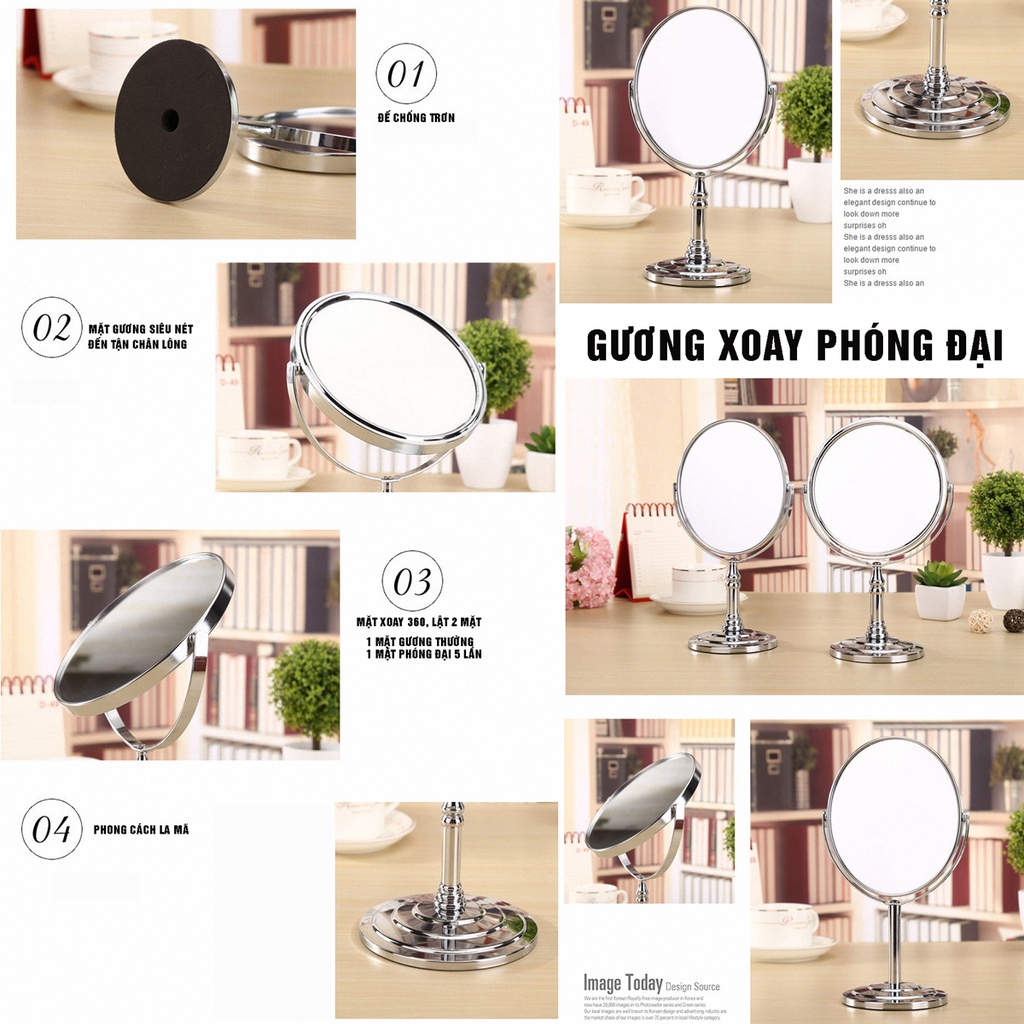 Gương trang điểm để bàn LED, Crom, phóng đại zoom x3, 2 mặt xoay siêu nét Minh House