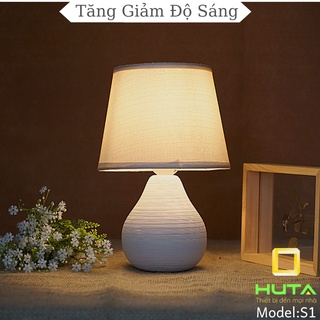 Đèn Ngủ Để Bàn THÂN GỐM SỨ THỦ CÔNG, Chao Vải, Bóng Led E27, hình bầu dục, dùng trang trí decor, S1