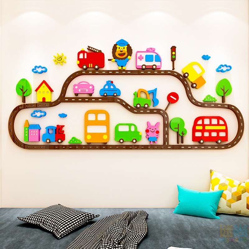 Tranh mica 3d dán tường các mẫu tranh xe cộ máy móc công trường xây dựng, trang trí phòng ngủ bé trai, mầm non, mẫu giáo