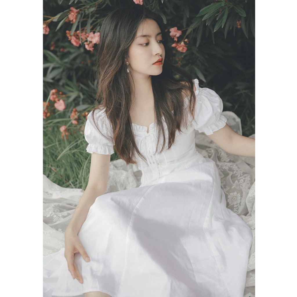 (HÌNH THẬT) Đầm Bèo Vai Mặc 2 Kiểu, Đan Dây Ngực (TRẮNG) | BigBuy360 - bigbuy360.vn