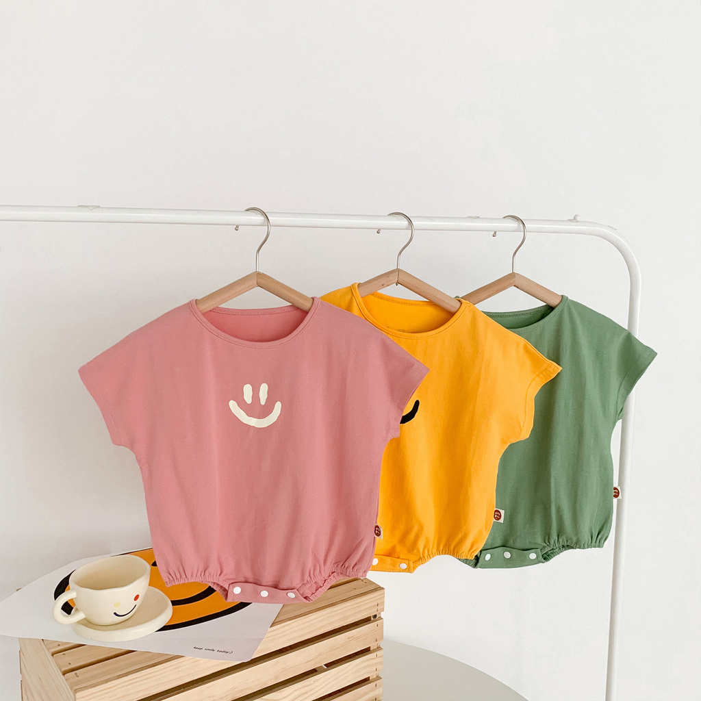 Bộ Áo Liền Quần Ngắn Tay In Hình Mặt Cười Dễ Thương Thời Trang Mùa Hè Cho Bé Sơ Sinh