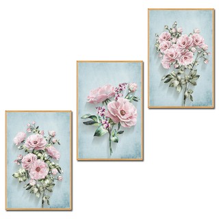 Tranh trang trí nghệ thuật bộ 3 Hoa hồng phong cách Vintage bóng kiếng hoặc canvas Tipo_010