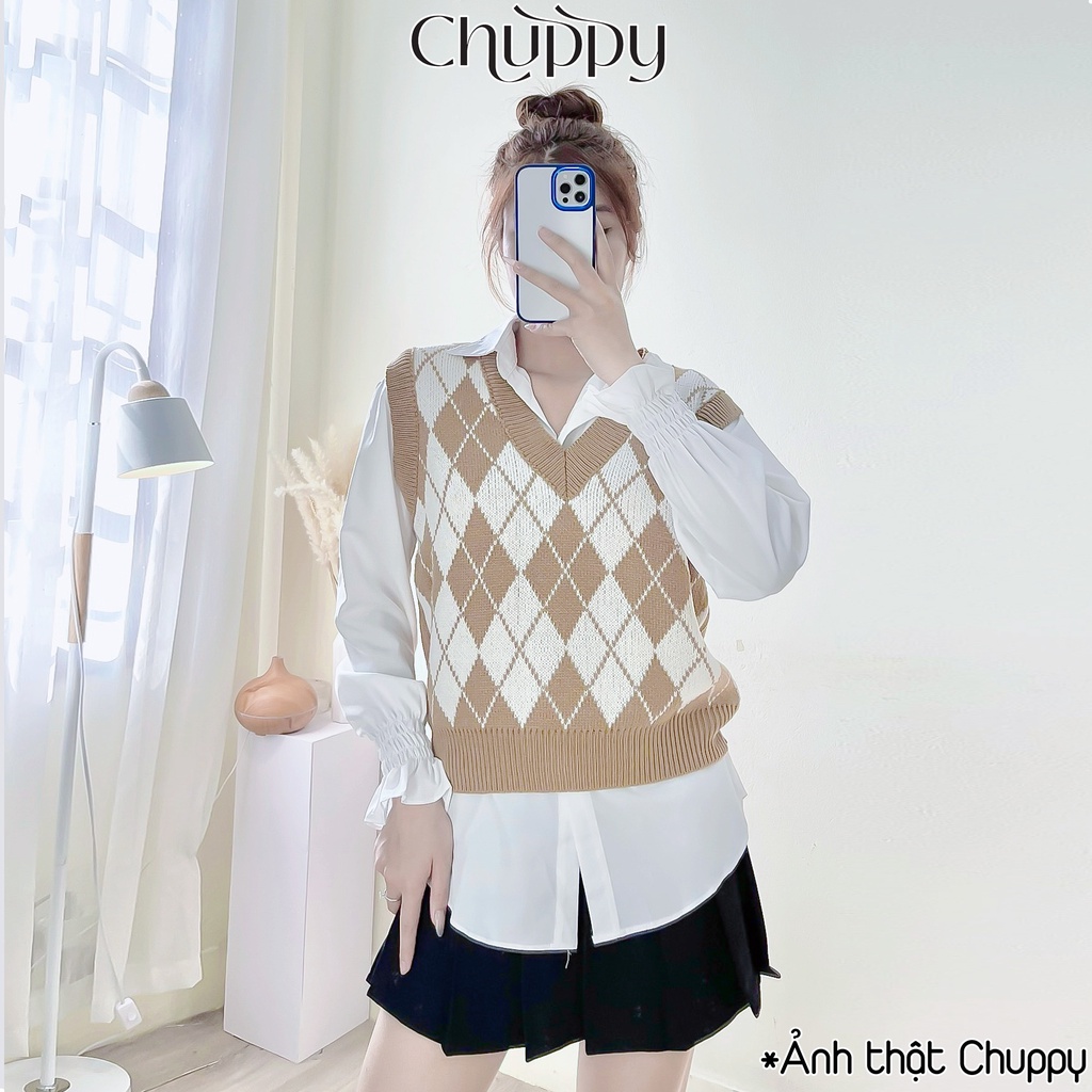 Áo gile len nữ CHUPPY chất len dày dặn họa tiết caro nhiều màu phong cách Hàn Quốc siêu xinh -GL05