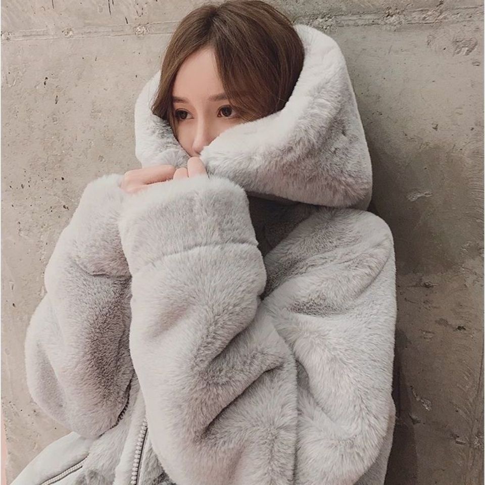 Áo khoác giả lông thỏ dày dáng rộng dài trung bình phong cách Hàn Quốc cho nữ GUANGZHOU