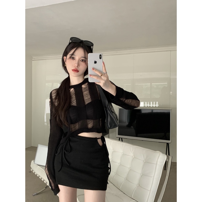 Áo Dệt Kim Mỏng Khoét Lỗ Thời Trang Hàn Quốc Gợi Cảm Cho Nữ