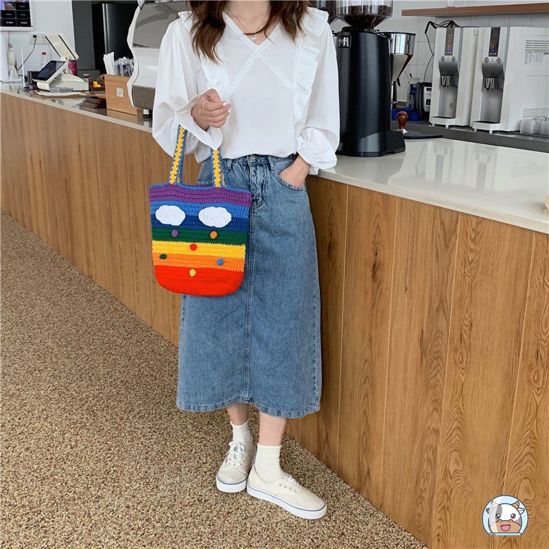 Túi Đeo Chéo Đan Len Hình Cầu Vồng Phong Cách Hàn Quốc Thời Trang