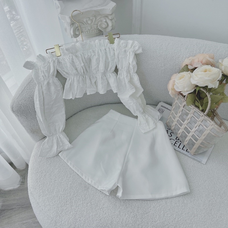 SET ÁO CROPROP BÈO BẸT VAI BO CHUN + QUẦN SHORT