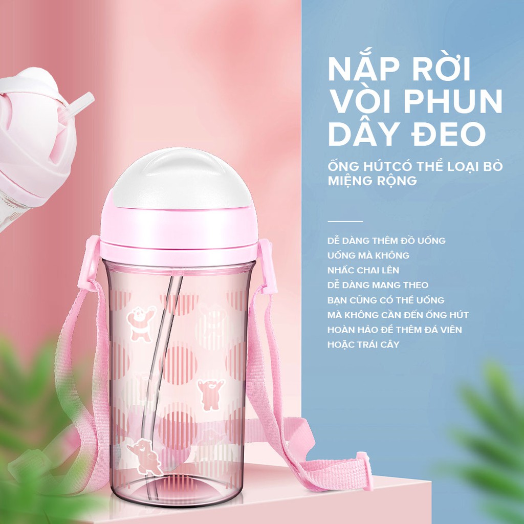 Bình nước Miniso We Bare Bears trong suốt in họa tiết có ống hút 400ml | BigBuy360 - bigbuy360.vn