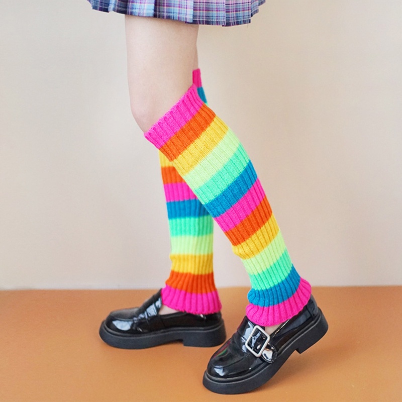 ✿ Vỏ Bọc Chân Dệt Kim Giữ Ấm Chân Kẻ Sọc Nhiều Màu Neon Phong Cách Retro Những Năm 80 Cho Nữ