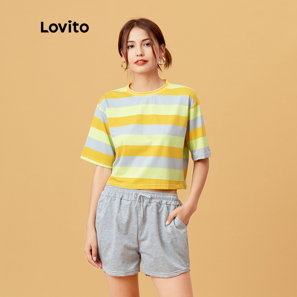 Áo thun Lovito họa tiết kẻ sọc phong cách thường ngày L05250 (Màu Vàng/Hồng) | BigBuy360 - bigbuy360.vn