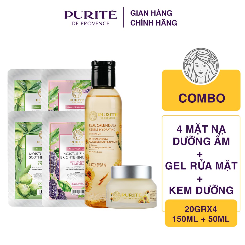  Combo Purité De Prôvence gồm: Gel Rửa Mặt + Kem Dưỡng Hoa Cúc Calendula + 4 Mặt Nạ Dưỡng Ẩm