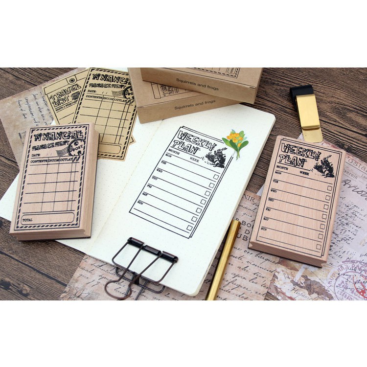 Con dấu gỗ Wooden Stamp Squirrels &amp; Frogs trang trí Bujo, sổ nhật ký Diary, sổ tay