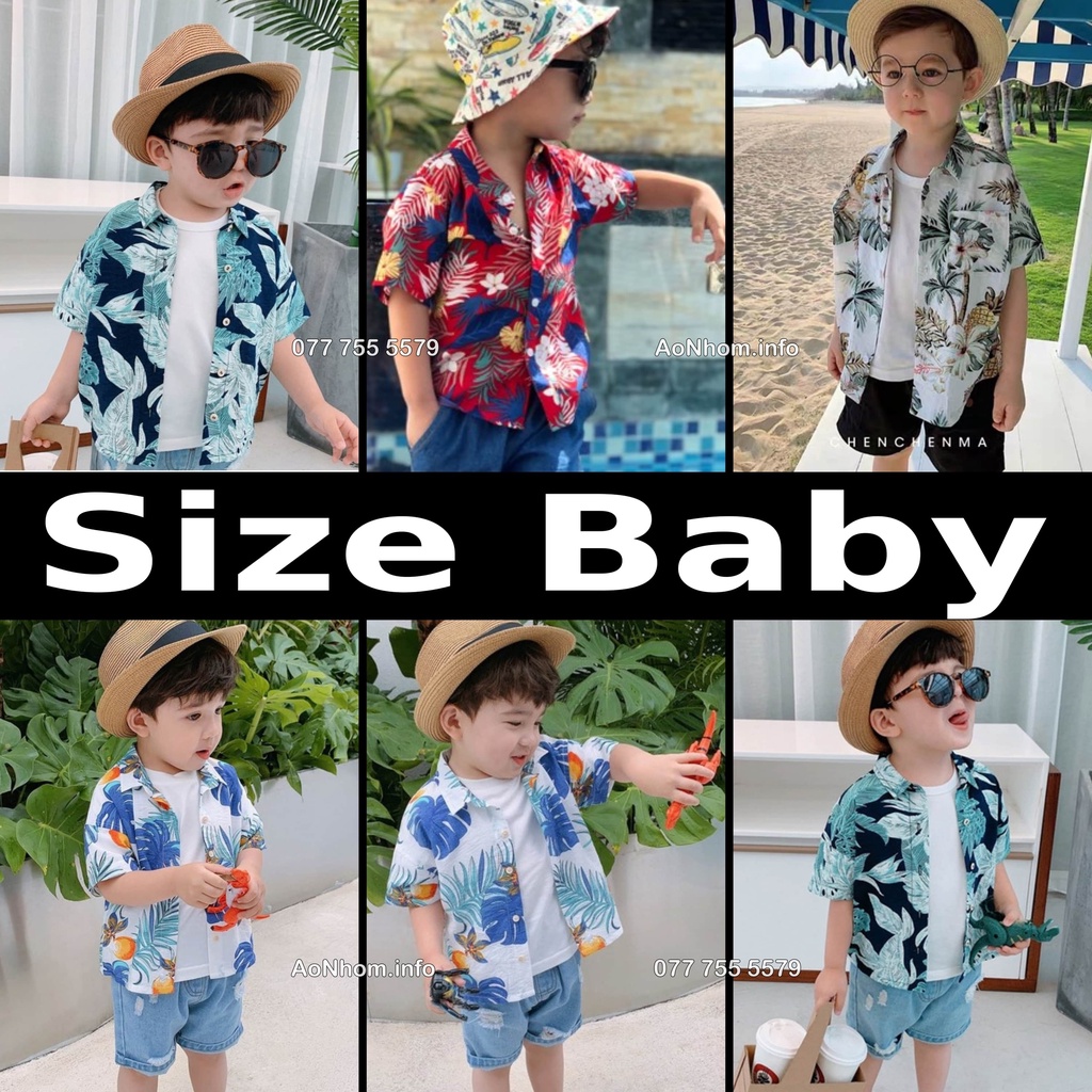 Size Baby - Áo Sơ Mi Đi Biển Mềm Mát - Trái Đào, Thơm, Dưa Hấu, Cây Dừa - Hoạ Tiết Hoa Lá Trái Cây Hawaii