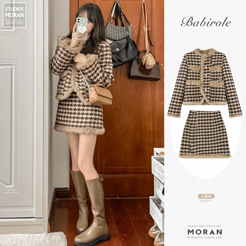 (ORDER) Set áo khoác dạ sọc caro MORAN phối viền lông vũ+ Chân váy dáng chữ A style Hàn Quốc (hàng mới về)