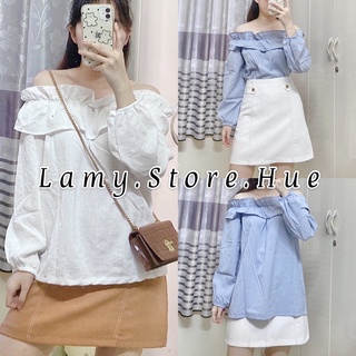Set áo trễ vai bèo kèm chân váy nút - Hình thật Lamystore