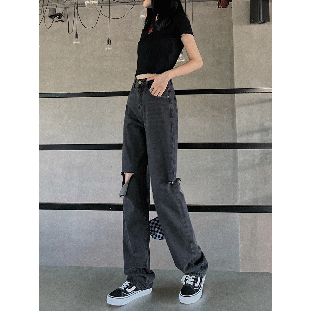 Quần jean baggy ống suông loe rộng lưng cao, phom dài, ống to dài rộng, màu xám đen 3285