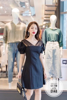 Bigsize Đầm đen cổ tim lưới D148