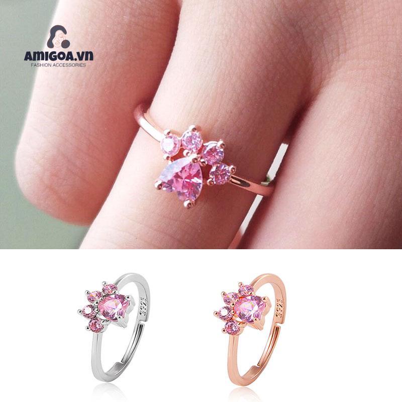 Nhẫn Mạ Bạc Hình Chân Mèo Đính Đá zircon Dễ Thương Có Thể Điều Chỉnh