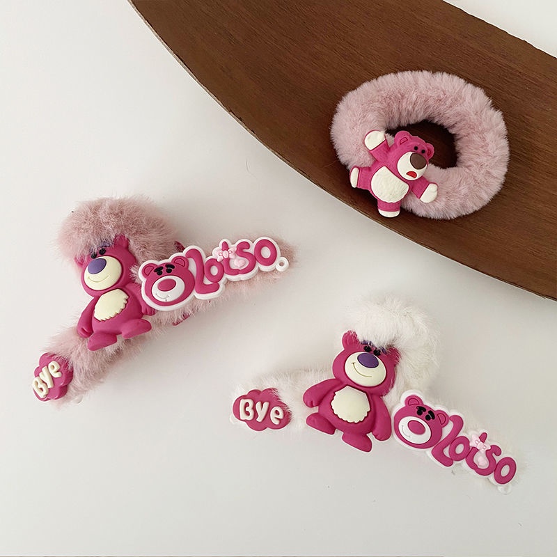 Kẹp Tóc Hình Gấu / Dâu Tây Phủ Lông Màu Hồng Dễ Thương Phong Cách Hàn Quốc Cho Nữ