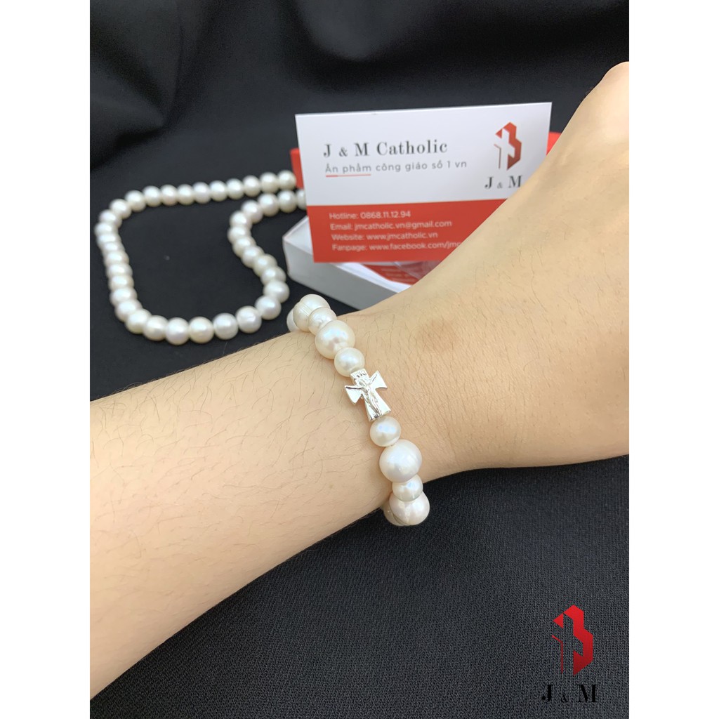 Chuỗi Mân Côi Tràng Hạt Đeo Tay NT Xâu Thánh Giá Bạc Ta Sang Trọng, Thanh Lịch 10mm