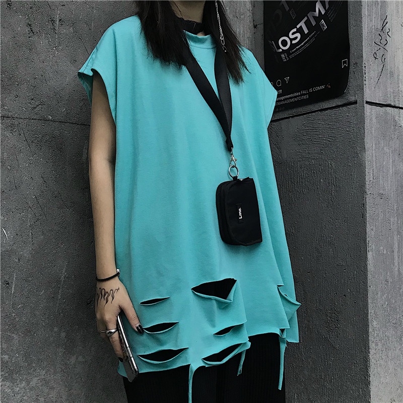 Áo Thun Sát Nách Dáng Rộng Phối Rách Kiểu Retro Hàn Quốc Thời Trang Mùa Hè Cho Cặp Đôi