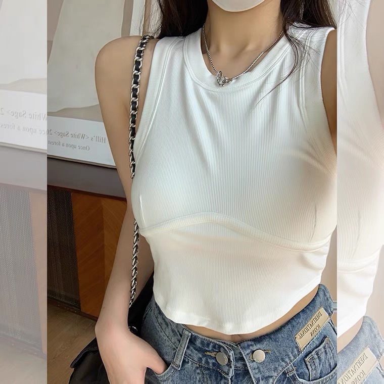 Áo croptop Xiaozhainv sát nách cổ tròn ôm dáng phong cách Hàn Quốc quyến rũ cho nữ