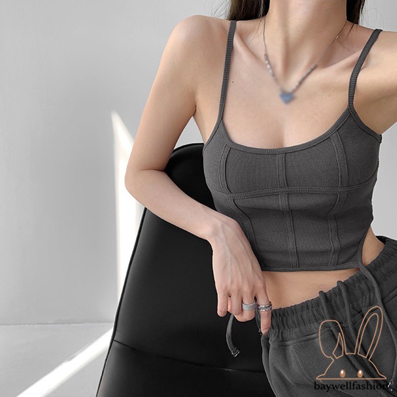 Áo croptop hai dây màu trơn có Đệm Ngực phong cách thời trang Hàn Quốc C5