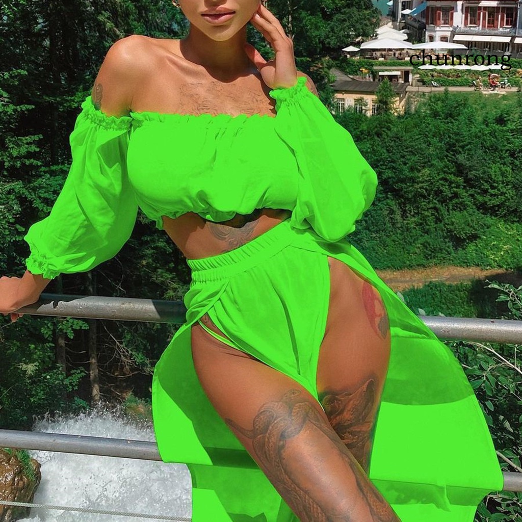 Bộ Trang Phục 2 Mảnh Gồm Áo Hở Vai Và Chân Váy Dài Xẻ Tà Quyến Rũ Thời Trang Đi Biển Cho Nữ