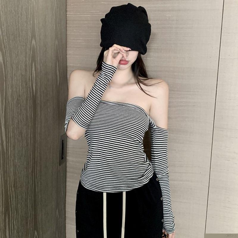 Áo thun tay dài trễ vai họa tiết kẻ sọc màu sắc thời trang quyến rũ tùy chọn kích thước cho nữ