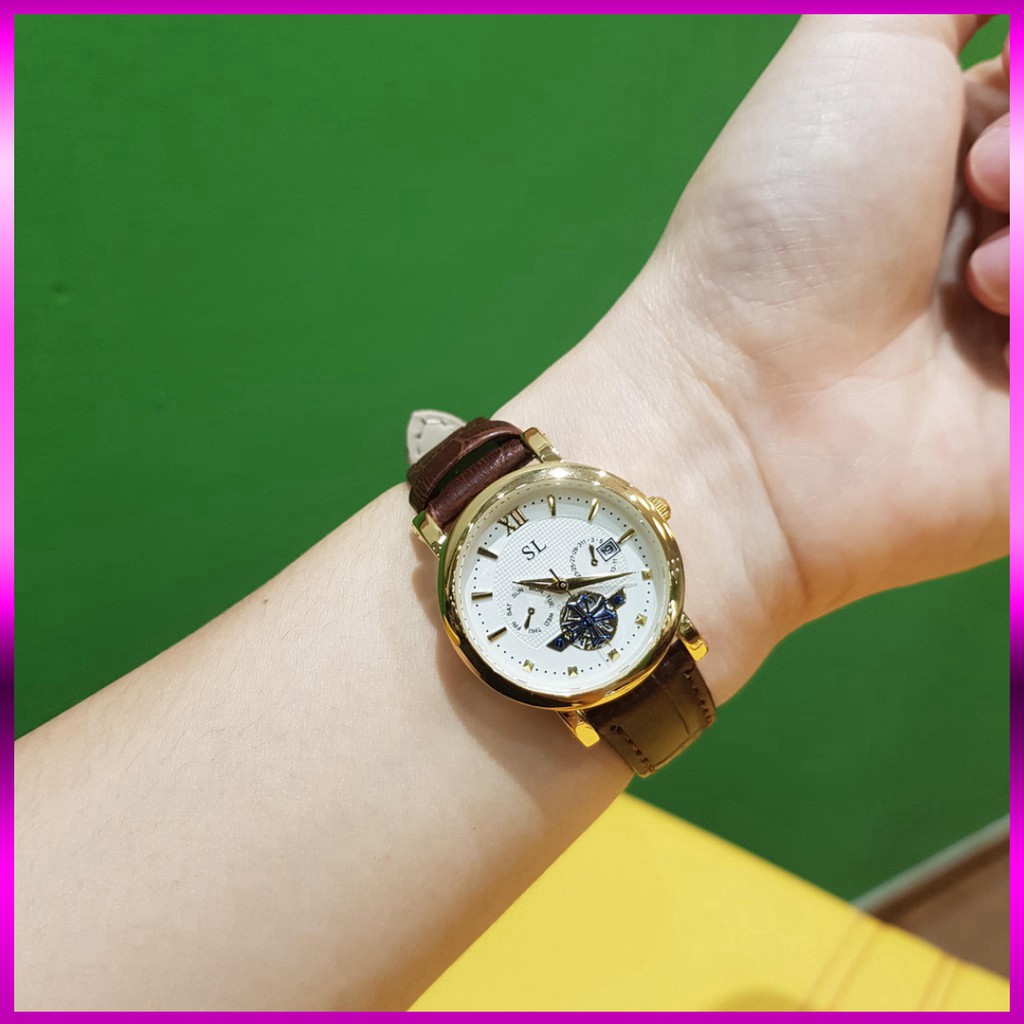 Đồng hồ cặp đôi nam nữ SL dây da viền vàng lộ máy chống nước chính hãng giá rẻ Tony Watch 68