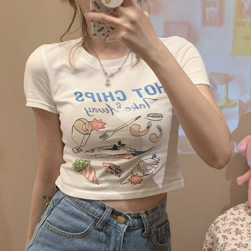 Áo Thun Crop Top Tay Ngắn Cổ Tròn In Họa Tiết Thời Trang Cho Nữ