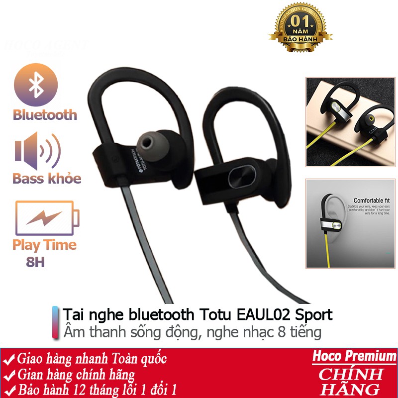 Tai nghe nhét tai Bluetooth Totu EAUL02 dòng sport cao cấp, nghe nhạc 8 tiếng, hỗ trợ không dây - Chính hãng