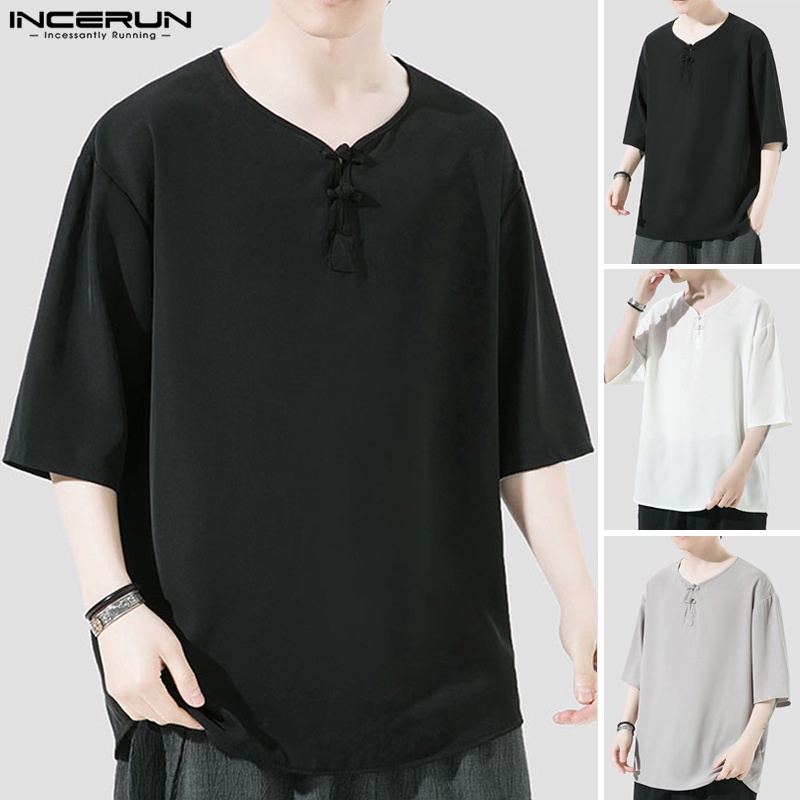 Áo thun INCERUN tay lỡ cổ chữ v màu sắc đơn giản phong cách trung hoa cho nam giới
